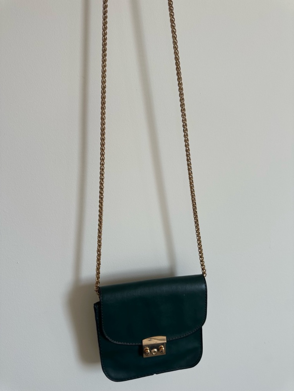 Leather Crossbody Bag in Dark Green with Gold Chain